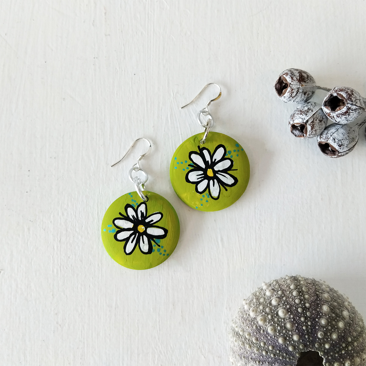 Green Wild Daisy Earrings 118 Green Wild Daisy Earrings - Hand-crafted Jewellery - N'Dene Riley