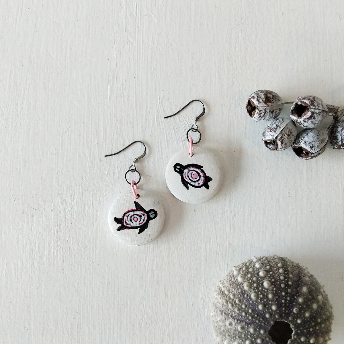White Turtle Earrings 2 140 White Turtle Earrings 2 - Hand-crafted Jewellery - N'Dene Riley