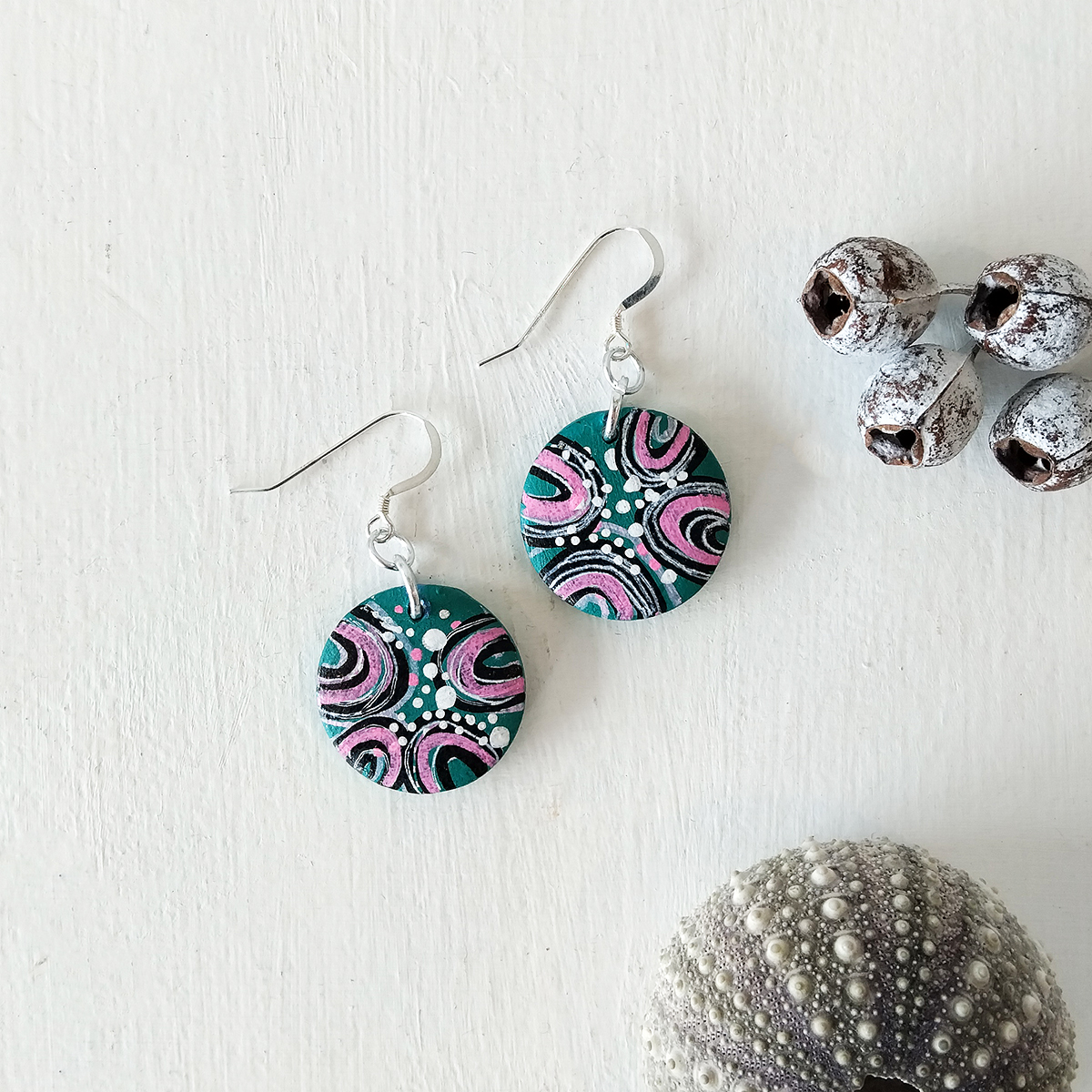 Green & Pink Symbol Earrings 139 Green & Pink Symbol Earrings - Hand-crafted Jewellery - N'Dene Riley