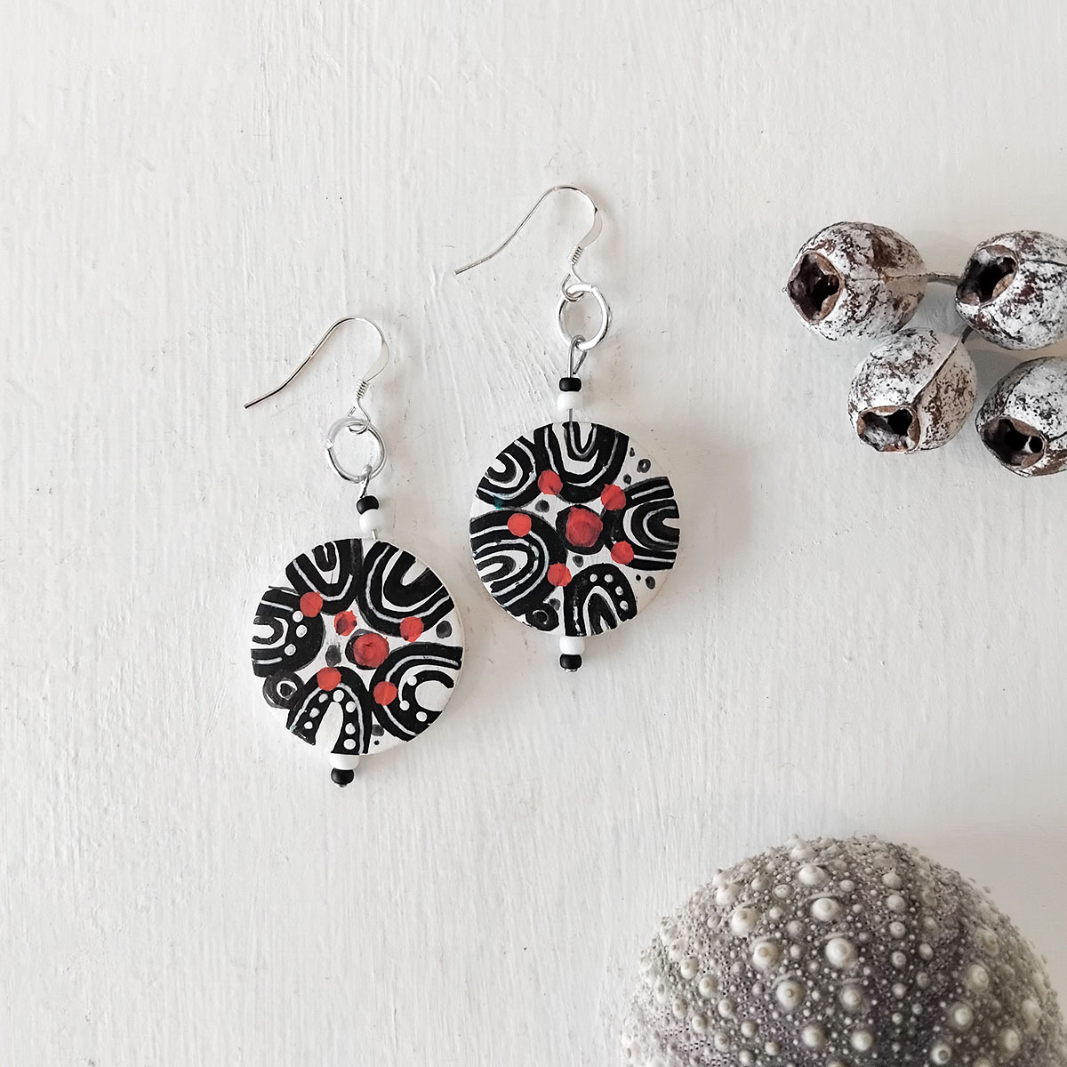 White & Red Symbol Earrings 132 White & Red Symbol Earrings - Hand-crafted Jewellery - N'Dene Riley