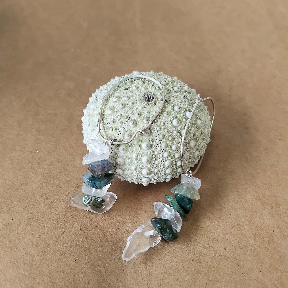 Green Stone stack on oval S/S hoops 99 Green Stone stack on oval S/S hoops - Hand-crafted Jewellery - Baluk Arts