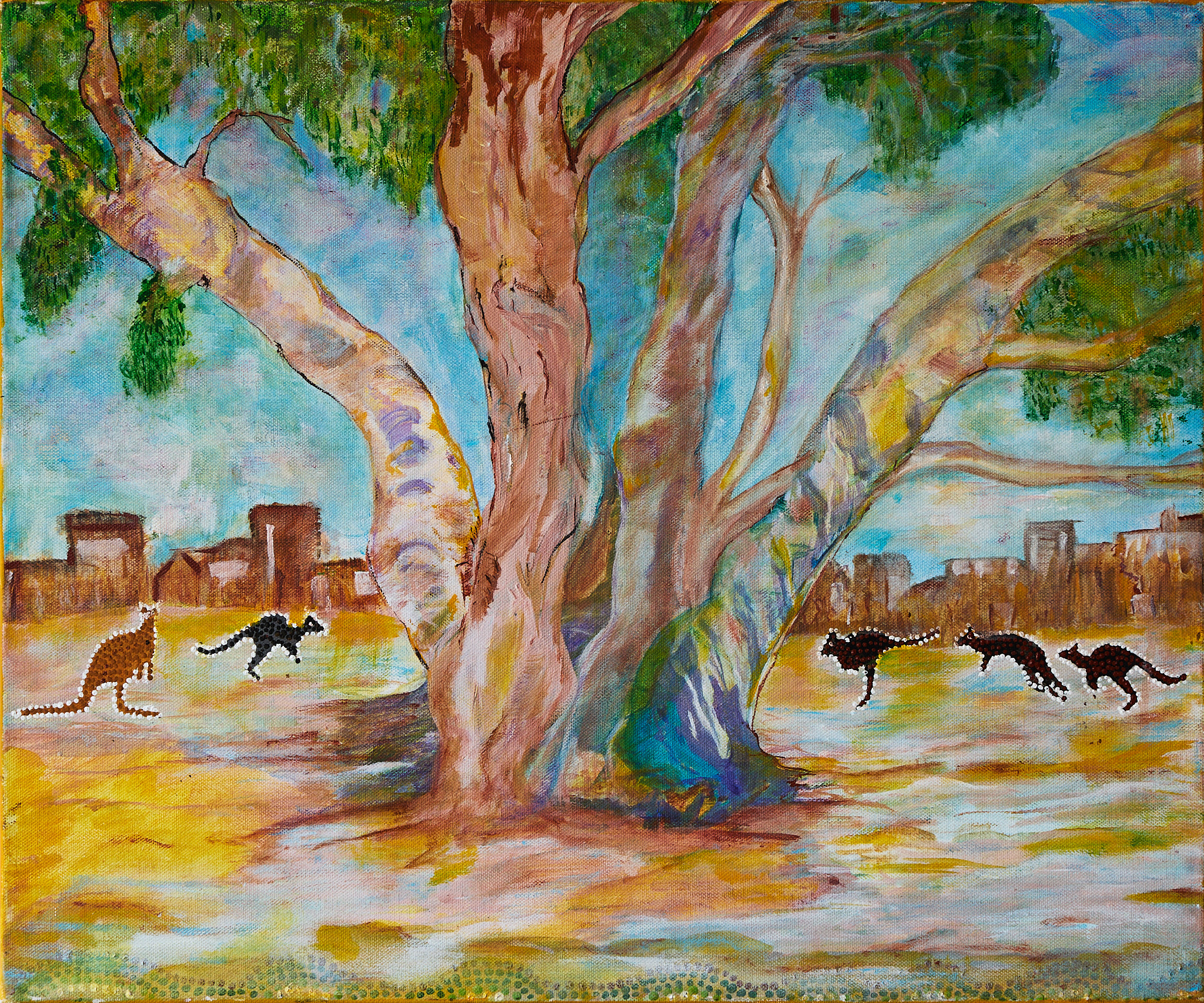 Golden Sun on Gum, with Kangaroo's 84 Golden Sun on Gum, with Kangaroo's - Paintings - Aunty Marice Henare